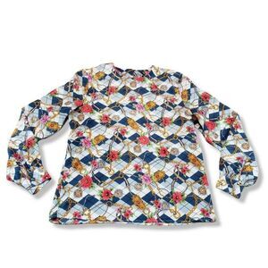 Vintage Anna Kriste Top Size 10 Blouse Flowers Floral Link Chains Checkered Patt